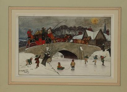 null Harry ELIOTT (1882-1959). The coach on the bridge and children playing in winter....