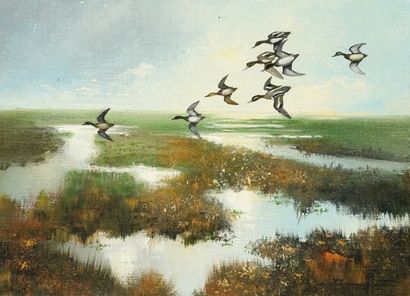 null Jean Claude LESTRINGANT. Like a flight of teals... Oil on canvas signed lower...
