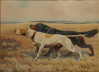 null Charles de CONDAMY (1847-1913). Pointer and Gordon setter in stop. Watercolour...