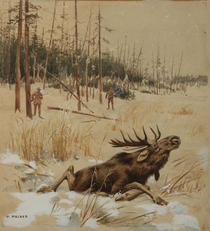 P. MALHER. The hunting of the elk. Watercolour...