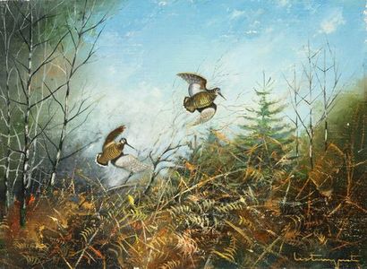 null Jean Claude LESTRINGANT. Couple of woodcocks flying away. Oil on canvas signed...