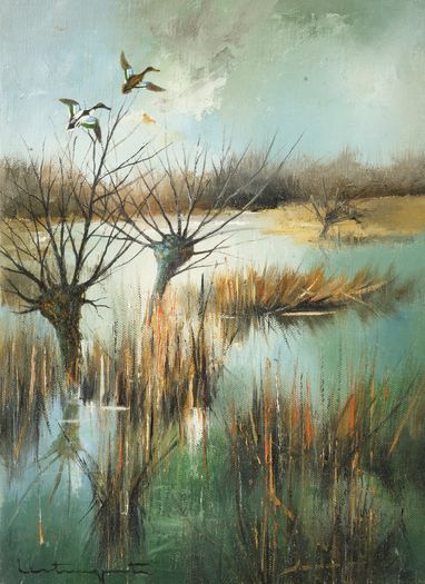 null Jean Claude LESTRINGANT. Couple of pickerel above the pond. Oil on canvas signed...