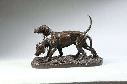 null Christophe FRATIN (1801-1864). Dogs in a pack. Bronze with brown patina stamped...