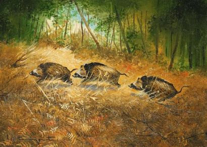 null Jean Claude LESTRINGANT. Autumnal escape, wild boars in the heather. Oil on...