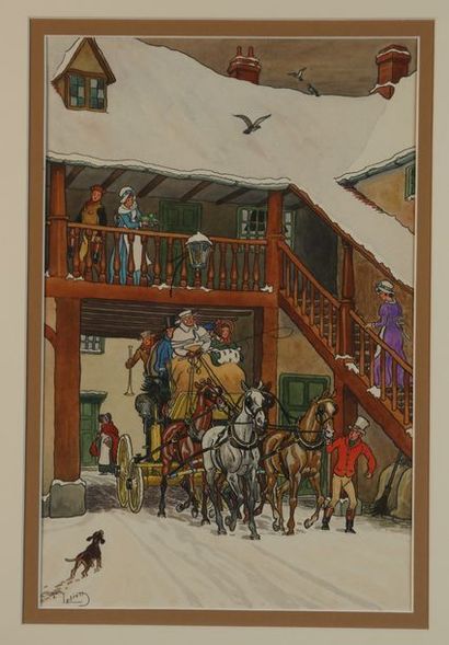 null Harry ELIOTT (1882-1959). Promenade dans la neige. Aquarelle sur papier signée...