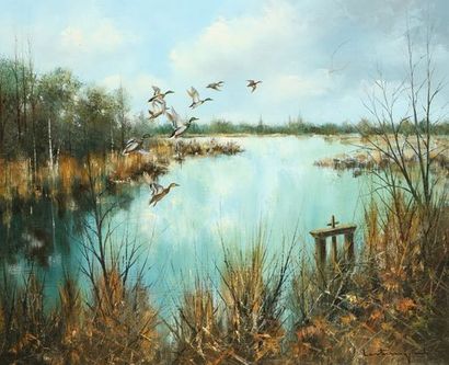 null Jean Claude LESTRINGANT. The flight of the mallards in Sologne. Oil on canvas...