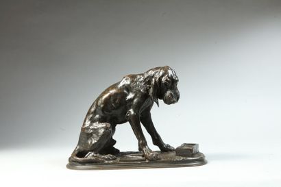 null Paul COMOLERA (1818-1897). Chien Saint Hubert à la gamelle ou « Rapido » Bronze...