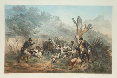 null François Grenier. Drawn and lithographed by. The Boar Hunt. Framed color lithograph....