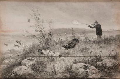 null Ernest BELLECROIX (1836-1901). Partridge hunting. Mixed technique on paper signed...