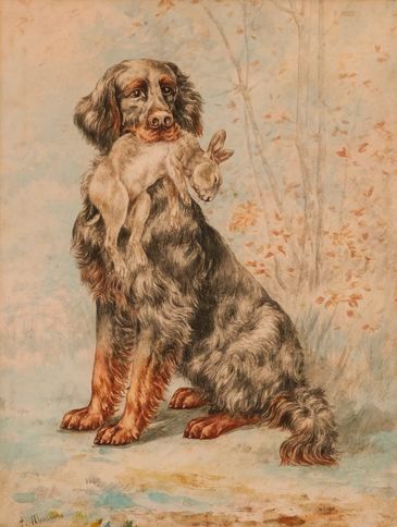 null François MASSON (1918). Spaniel and rabbit. Watercolour on paper signed lower...