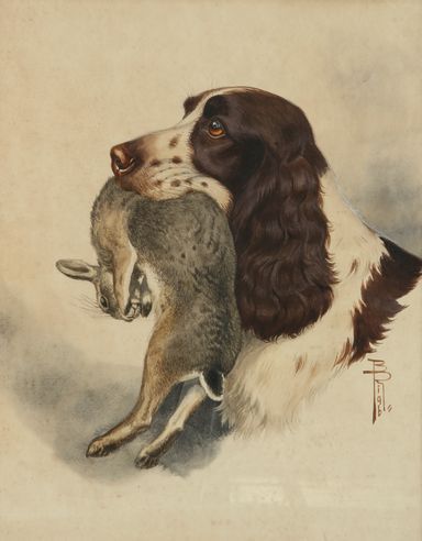 null Boris RIABOUCHINSKY known as RIAB (1898-1975). Cocker and wild rabbit. Watercolour...