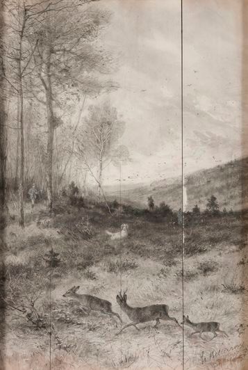 null Ernest BELLECROIX (1836-1901). Chevreuils et chasseur en forêt. Technique mixte...