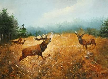 null Jean Claude LESTRINGANT. The deer in the clearing. Oil on canvas signed lower...