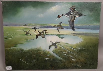 null Jean Claude LESTRINGANT. Flight of Pintail Ducks in the Bay of Mont Saint-Michel....