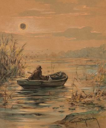 null Fernand MAISSEN (1873-?). Le chasseur au gibier d’eau. Aquarelle sur papier...