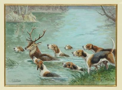 null Joseph OBERTHUR (1872-1956). Deer hunting. The beating of the water. Watercolour...