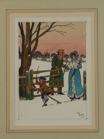 null Harry ELIOTT (1882-1959). Child and his parents playing in the snow. Watercolour...