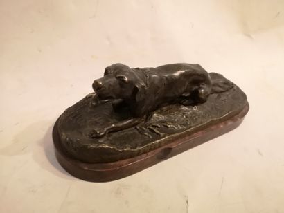 null After Pierre Jules MENE. Crouching dog. Bronze with brown patina signed in hollow...