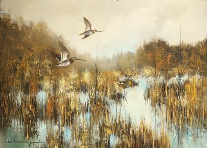null Jean Claude LESTRINGANT. Two snipes above the marsh. Oil on canvas signed in...