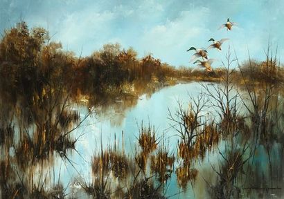 null Jean Claude LESTRINGANT. The pose of the mallards on the pond. Oil on canvas...