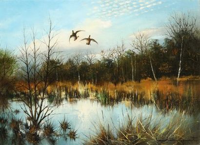 null Jean Claude LESTRINGANT. Couple of mallards at the pose. Oil on canvas signed...