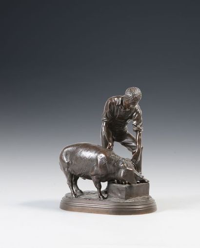 null Isidore BONHEUR (1822-1901). Homme nourrissant un cochon. Bronze à patine brune...