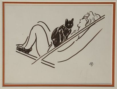 null Jacques NAM (1881-1974). Femme au chat noir. Dessin à l’encre sur papier, encadré....