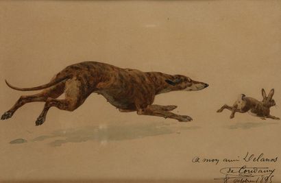 null Charles de CONDAMY (1847-1913). Lévrier chassant un lièvre. Aquarelle sur papier...