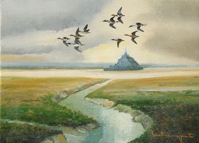null Jean Claude LESTRINGANT. The flight of pintails above the Mont Saint Michel....