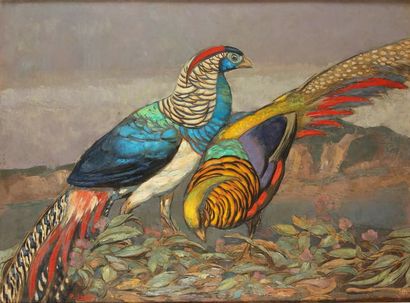 null Paul JOUVE (1878-1973). Two Pheasants, 1954. Oil on panel. Signed lower left....