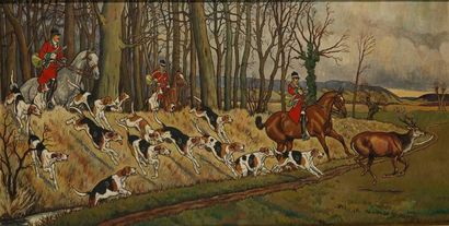 null Harry ELIOTT (1882-1959). Deer hunting. Oil and gouache on panel signed lower...