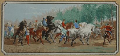 null Rosa BONHEUR (after). The horse market. Painted paper with gouache framed. Size...