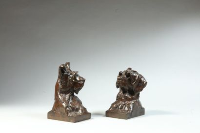 null Maximilien Louis FIOT (1886-1953). Two busts of Briard dogs forming bookends....