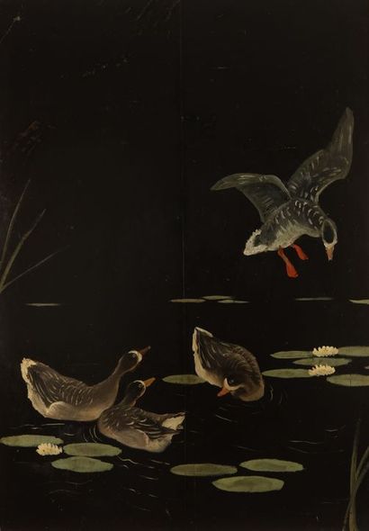 null Paul MARCUEYZ (1877-1952). The pose of the geese. Triptych of lacquered wood...