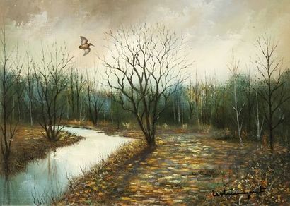 null Jean Claude LESTRINGANT. Woodcock in flight over the river. Oil on canvas signed...