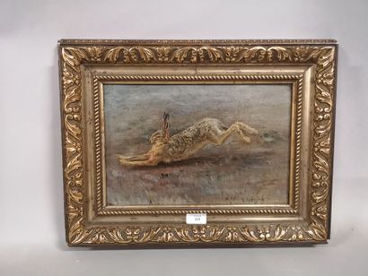 null Edouard MERITE (1867-1941). Hare running. Very nice oil on canvas signed in...