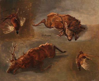 null Charles BOMBLED (1862-1927). Étude de cerfs et faisans. Huile sur toile signée...