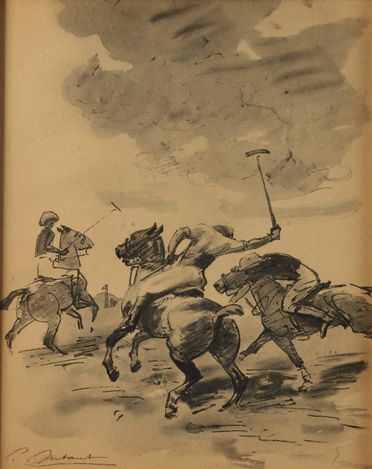 null Pierre DUBAUT. La partie de polo. Reproduction encadrée. Dim. : 27,5 x 22 c...