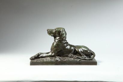 null Gesualdo GATTI (1885-1893). Chien de meute au repos. Bronze à patine brun vert...