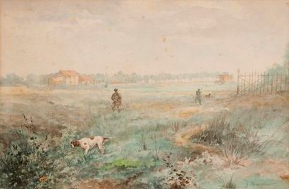 null François MASSON (1918). Hunting with a pointing dog. Watercolour on paper signed...