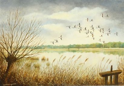 null Jean Claude LESTRINGANT. Flight of ducks above the pond in Sologne. Oil on canvas...