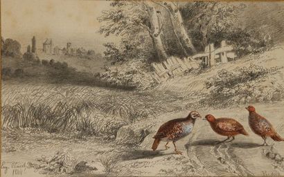 null Eugène BLAISOT (1822-?). Partridges on the road. Pencil and watercolour on paper...