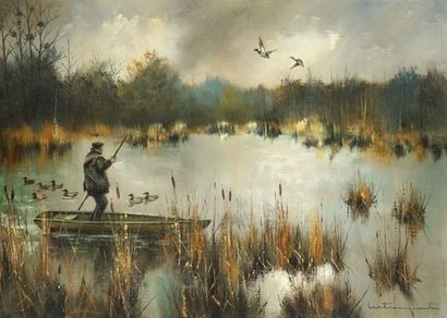 null Jean Claude LESTRINGANT. Nightfall on the marsh. Oil on canvas signed lower...