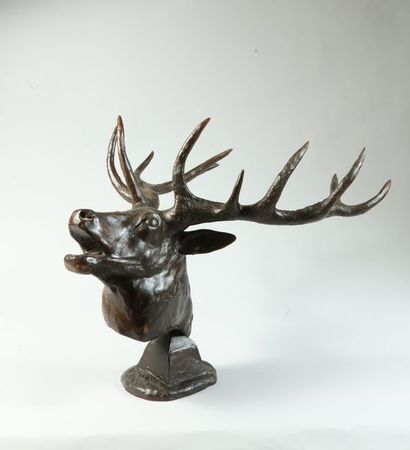 null Jean Claude LESTRINGANT. Head of a stag with a skull. Bronze with a shaded brown...