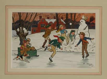 null Harry ELIOTT (1882-1959). Enfant jouant en hiver. Aquarelle sur papier signée...
