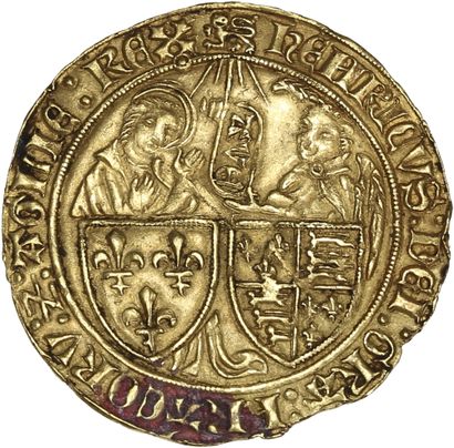 null HENRI VI (1422-1453)
Salut d'or. Rouen. 3,45 g.
D. 443A.
Tranche irrégulière....