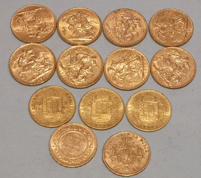 null 
Lot de 13 pièces en or comprenant :



8 Souverains or 



3 pièces de 20 Francs...