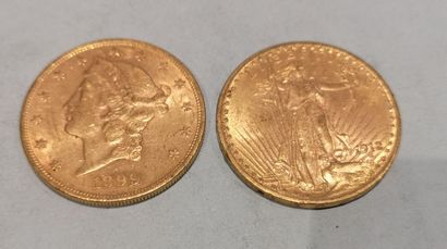 null 
2 pièces de 20 Dollars or datées 1899 et 1912 
Usures



Frais 17 % HT soit...