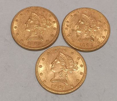 null 
3 pièces de 10 Dollars or datées 1898 x2 et 1901 

Usures





Frais 17 % HT...