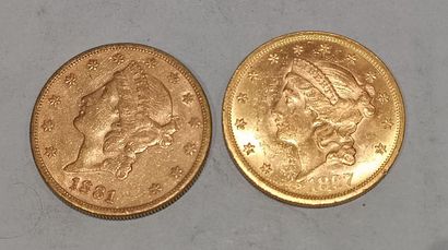 null 
2 pièces de 20 Dollars or datées 1867 et 1881 
Usures



Frais 17 % HT soit...